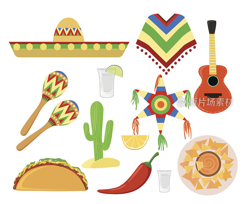 墨西哥的cinco de mayo帽，maracas和jalapeno